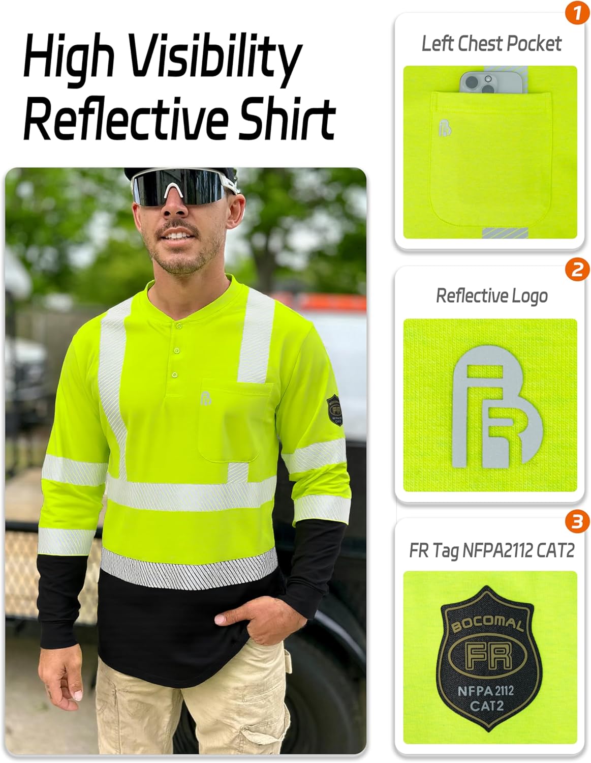 BOCOMAL FR Shirts Hi-Vis High Visibility Reflective Flame Resistant/Fire Retardant Shirt 7oz Men's Safety Shirts - Image 4