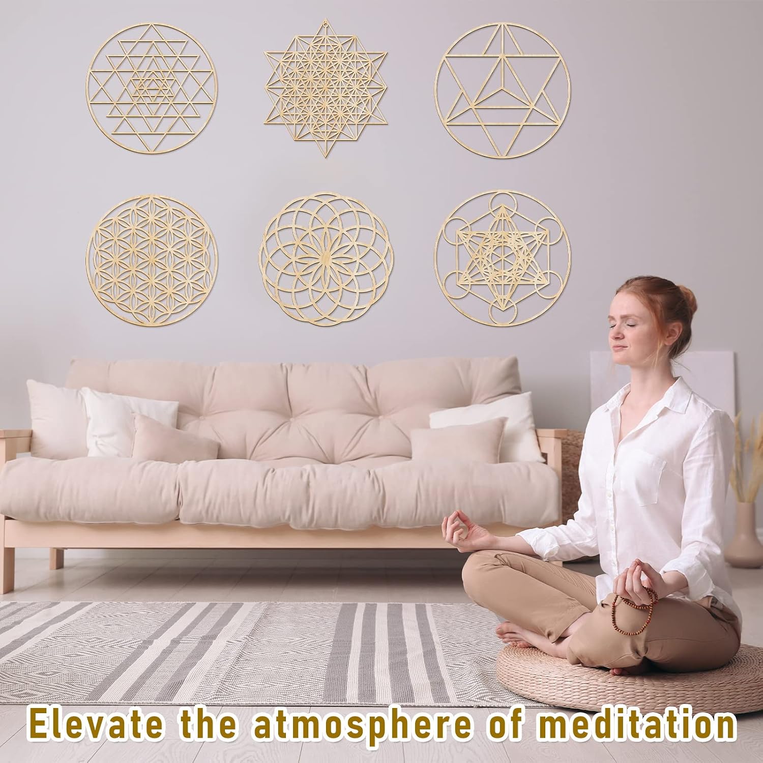 Taiyin 6 Pcs 12 Inch Wooden Sacred Geometry Wall Art Set, Zen Geometric Wall Decor for Home Meditation Room, Inspired Hanging Art with Metatron Cube, Flower of Life, Sri... - Image 4