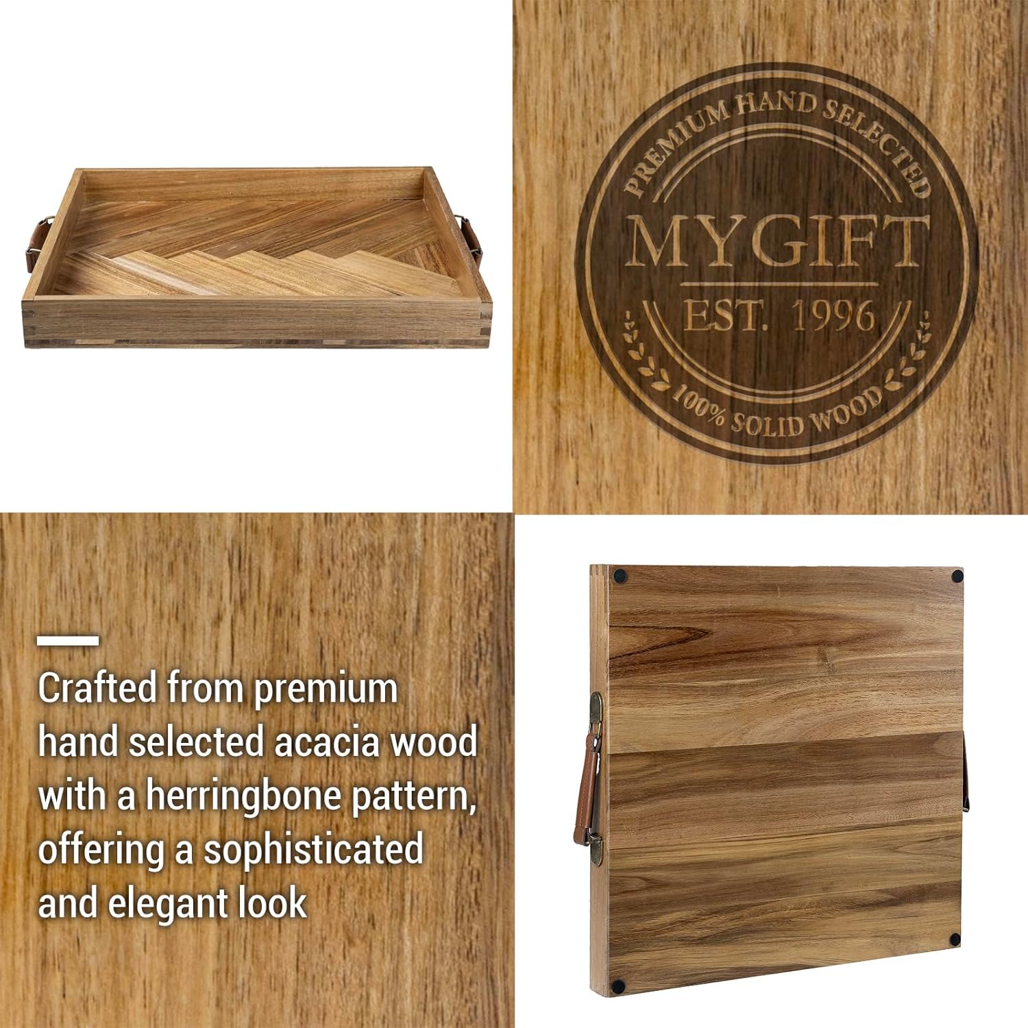 MyGift 18-Inch Herringbone Solid Acacia Wood Serving Tray – Square Ottoman Tray with PU Leather Handles, Rustic Coffee Table or Breakfast Display Tray - Image 2