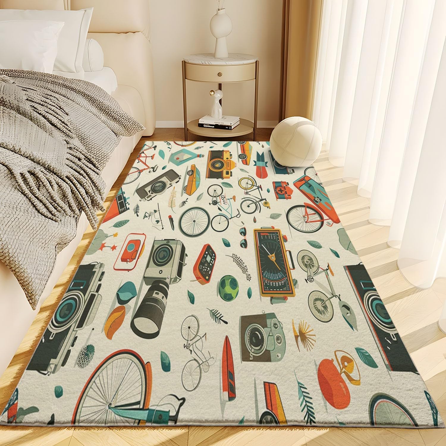 6 x 9 Area Rugs - Blue Bedroom Rugs for Living Room Non-Slip Fluffy Foldable, Cartoon Bicycle Camera Mat Indoor Floor Flannel Carpet for Dining Table Kitchen Decor