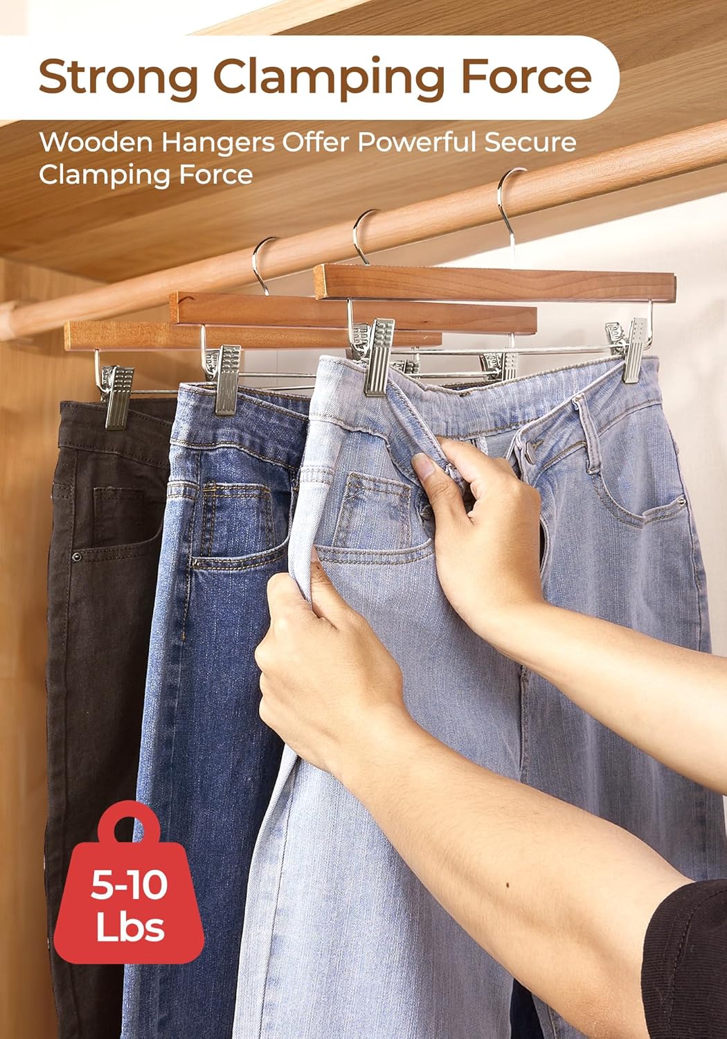 SMARTOR Natural Wooden Pants Hangers 20 Pack, Heavy Duty Skirt Hanger with 2-Adjustable Clips, Space Saving Shorts Hanger with 360°Swivel Hook, Essential College Dorm Hangers for Jeans, Trousers