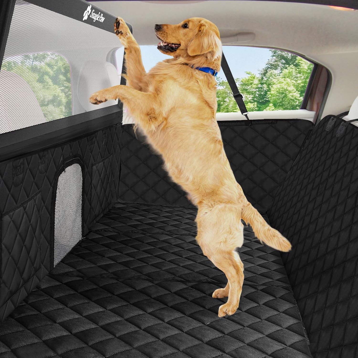 Snagle Paw Dog Car Seat Cover & Back Seat Extender,31"Super High Pet Barrier with Anti-Slip Hard Bottom Hammock Holds 440lbs,Water-Resistant Car Seat Protector for SUV,Trucks,Easy-Clean,Patent Pending