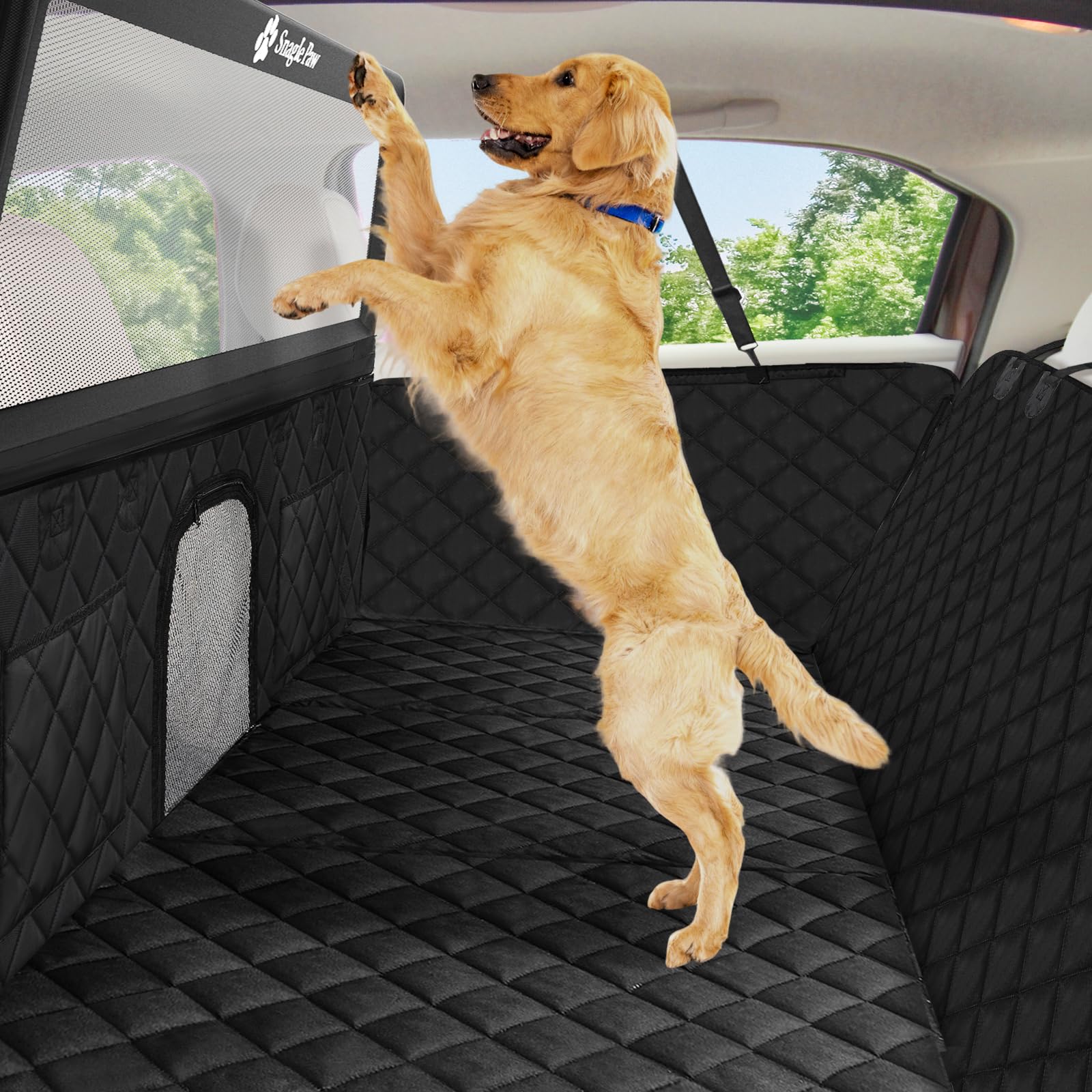 Snagle Paw Dog Car Seat Cover & Back Seat Extender,31"Super High Pet Barrier with Anti-Slip Hard Bottom Hammock Holds 440lbs,Water-Resistant Car Seat Protector for SUV,Trucks,Easy-Clean,Patent Pending