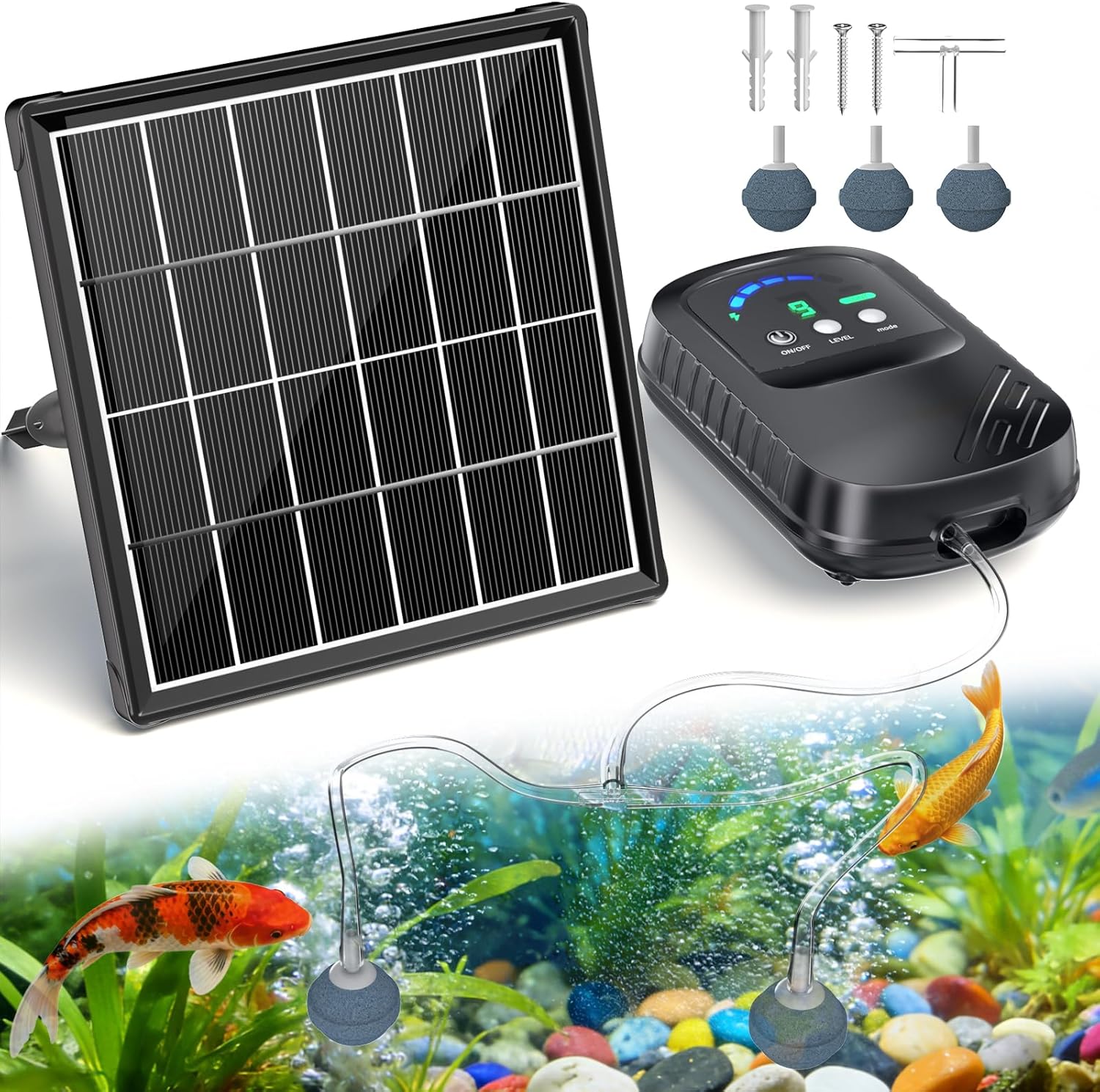 POPOSOAP Solar Pond Aerator, Solar Air Pump with Adjustable Airflow, Quiet Solar Pond Oxygen Pump for Koi Pond, Garden Pond, Fish Tank, Hydroponics