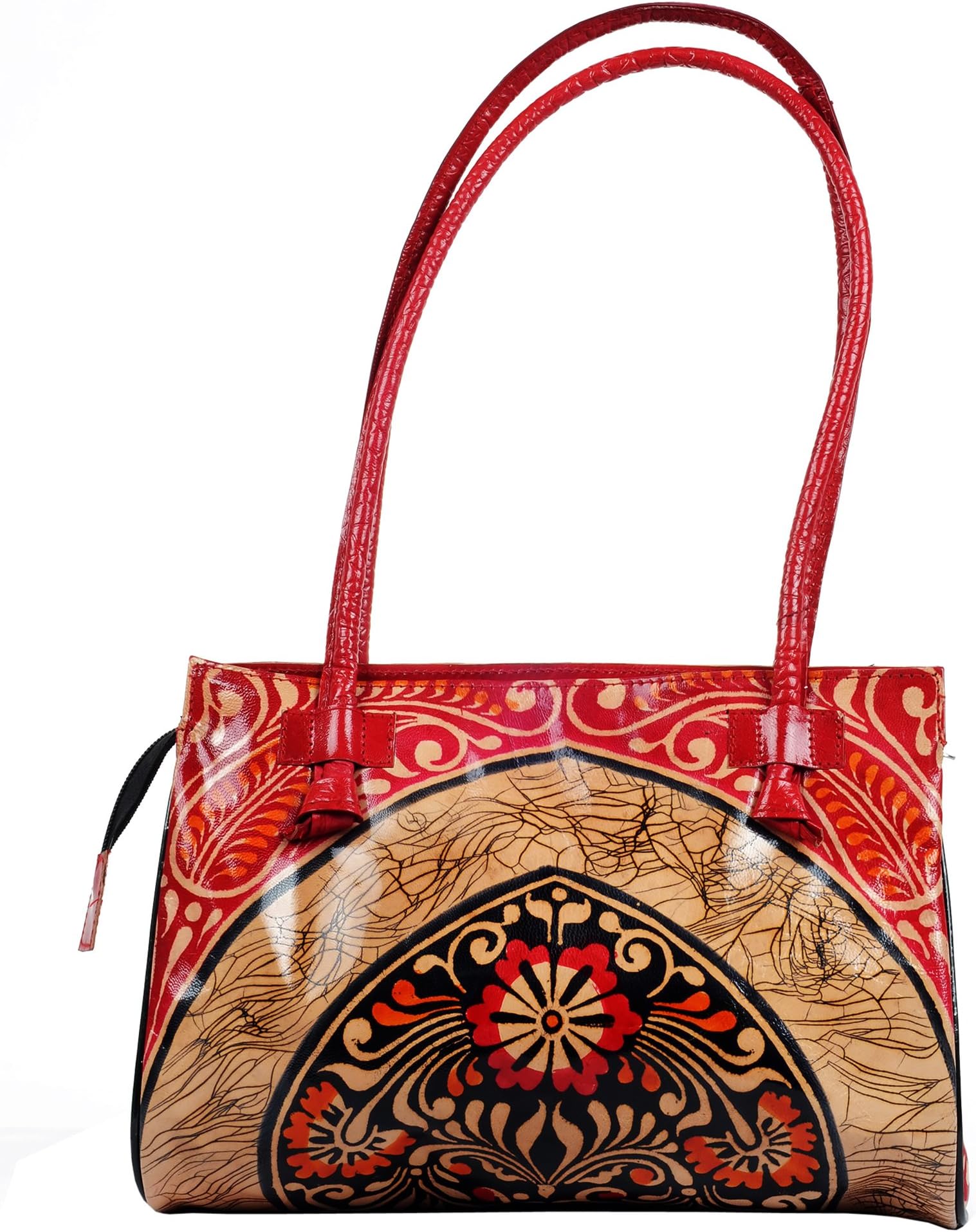 ZINT Women's Genuine Leather Shoulder Purse Tote Shantiniketan Boho Ethnic Batik Design Handbag, Red, M
