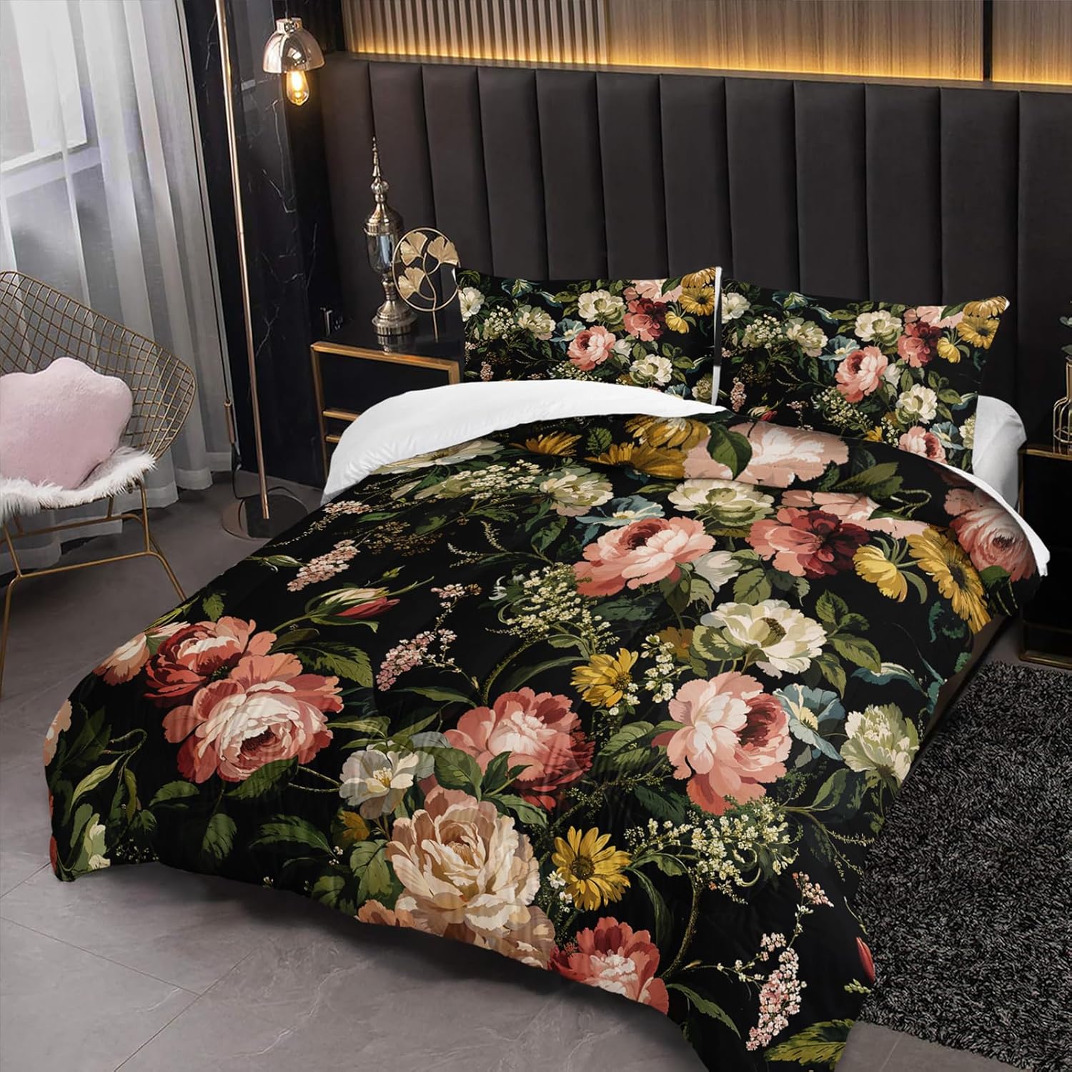 Black Floral Comforter Set Queen Colorful Floral Bedding Sets 3PCS for Kids Teen Adult Flowers Leaves Room Decor Ultra-Soft Lightweight Microfiber 1 Comforter with 2 Pillowcases - Image 3