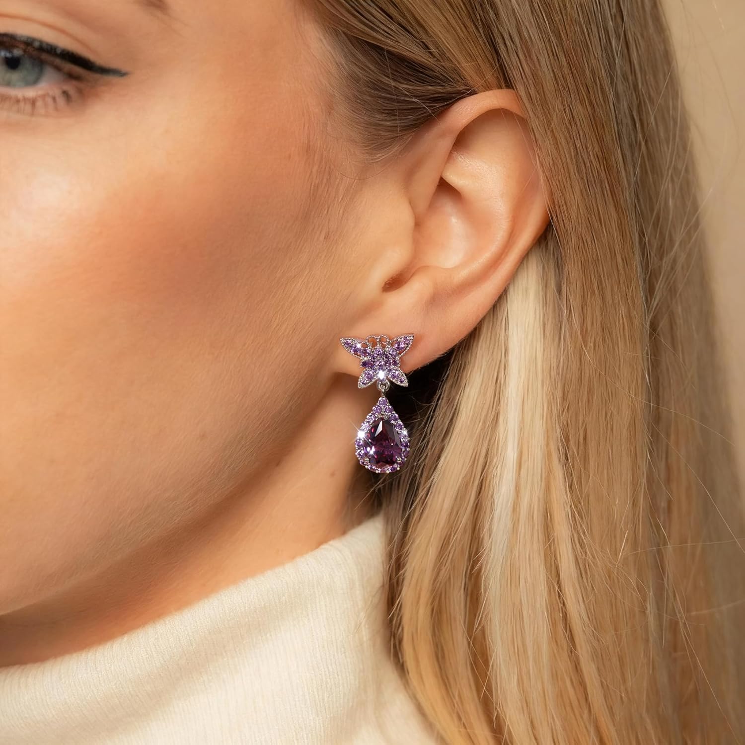 Butterfly Teardrop Earrings With Purple Crystal, Butterfly Dangle Drop Earrings, Hypoallergenic Animal Earring Gift for Womens