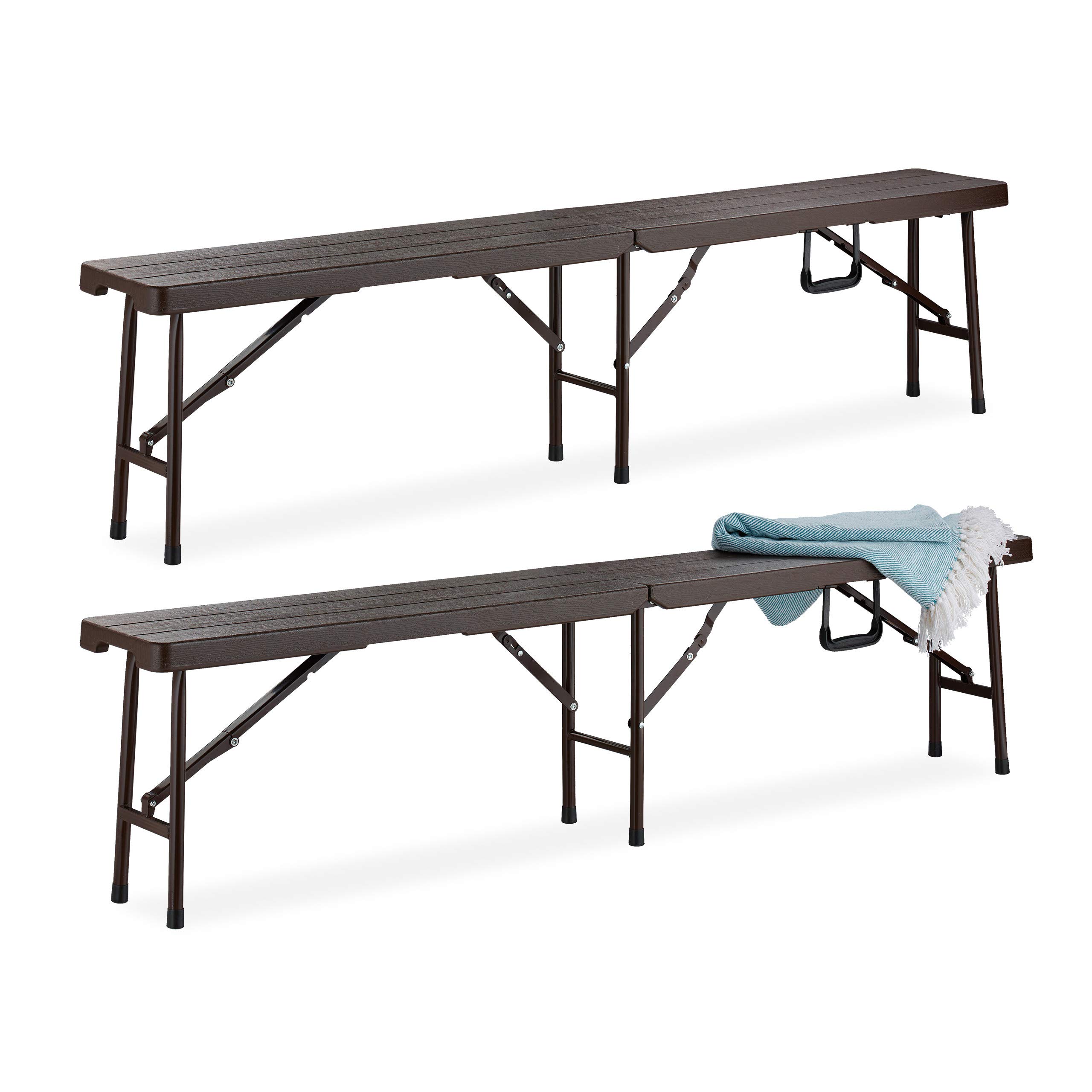 Relaxdays Banc Pliable Lot de 2, Pliant pour Balcon & Jardin, Plastique, Camping, Kermesse, 42,5 x 179 x 24,5 cm, Brun