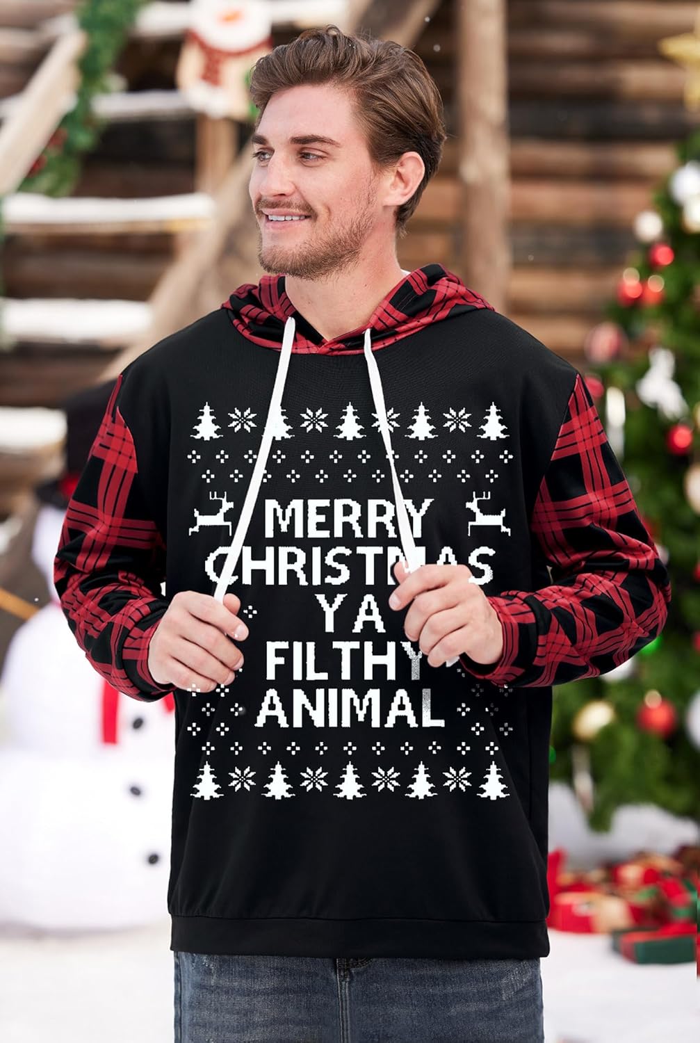 Arvilhill Men's Ugly Christmas Hoodies Vintage Red Plaid Sweatshirt (S-3XL) - Image 6