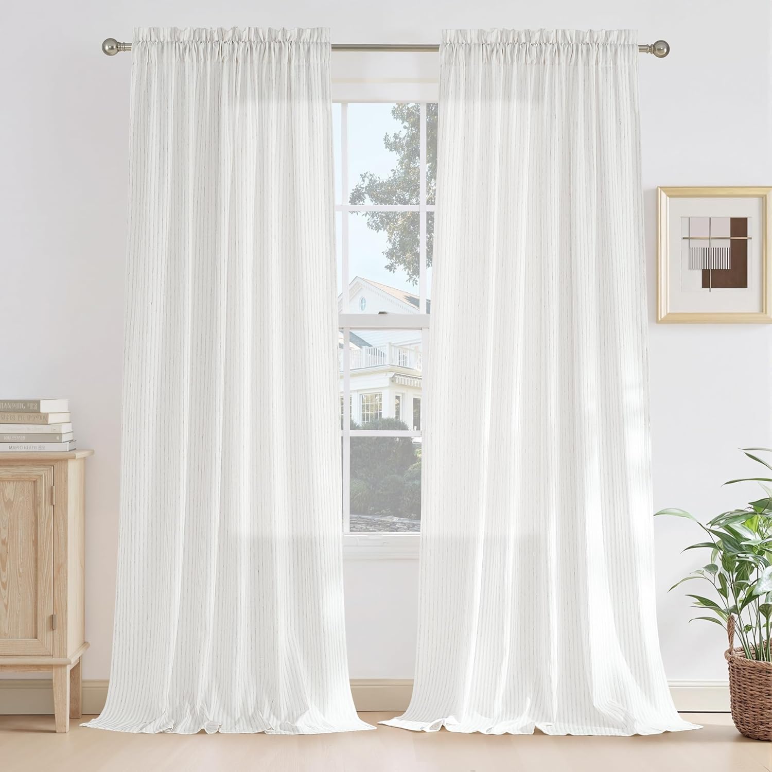 PONY DANCE Linen Striped Curtains for Bedroom Living Room 96 Inch Length, Boho Rod Pocket Farmhouse Natural Linen Blend Light Filtering Pinstripe Drapes for Bedroom(W50 x L96, 2 Panels Set, Cream)