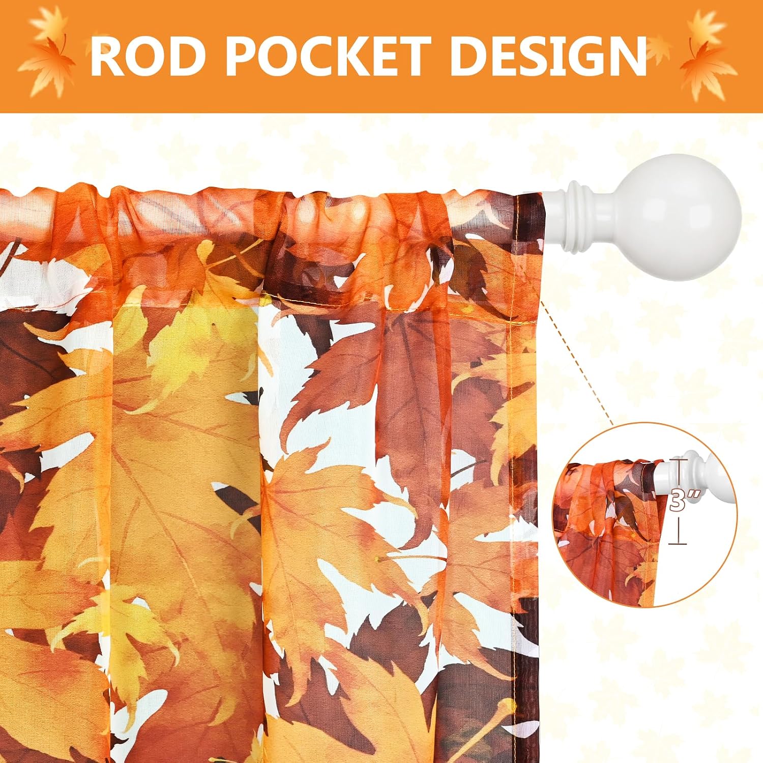 Fall Sheer Curtains for Living Room, Maple Leaves Scenery Curtains for Bedroom Thanksgiving Curtain 84 Inch Length 2 Panels Set, Rod Pocket Light Filtering Window Curtain, 52" W x 84" L