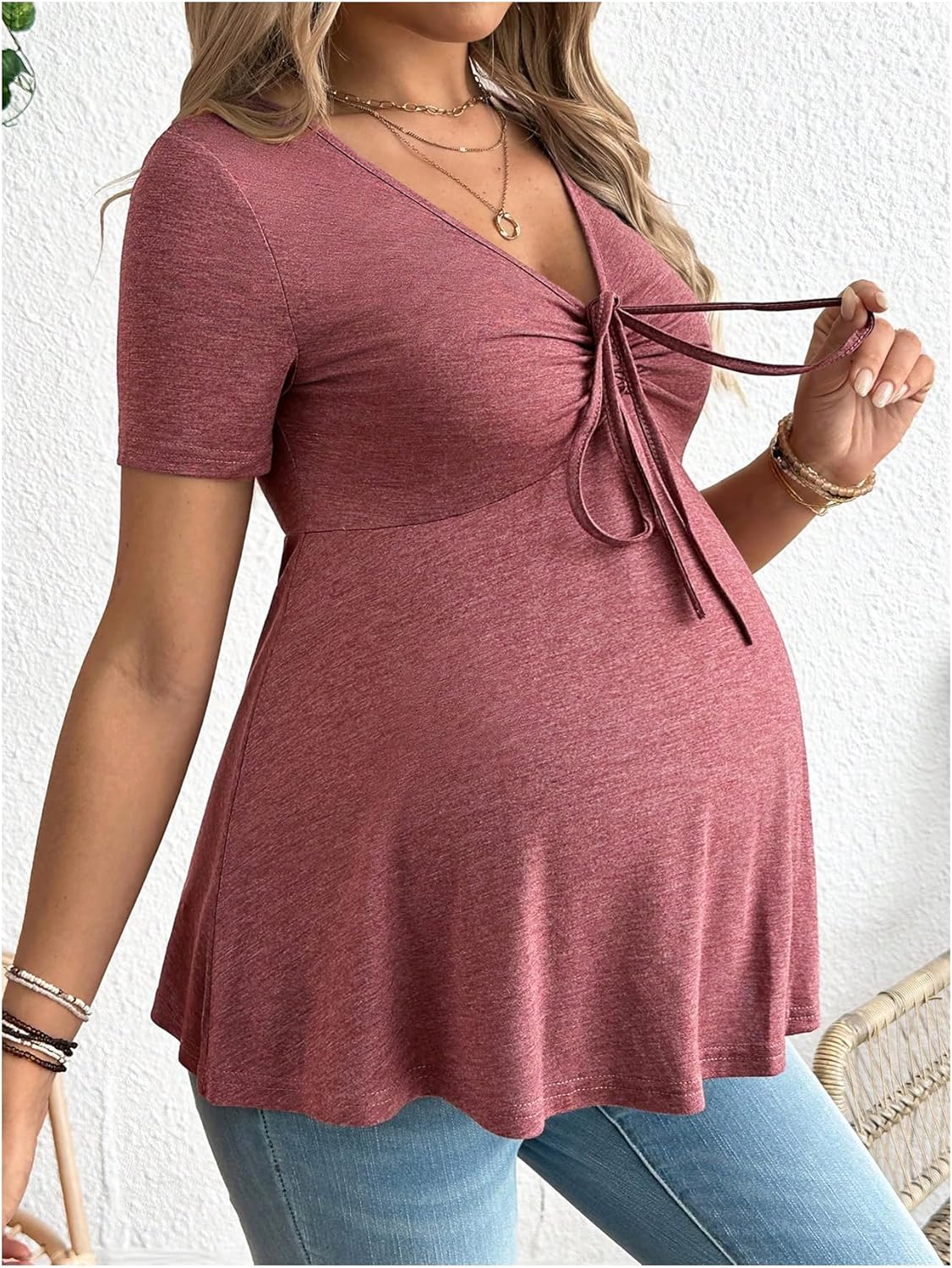 SweatyRocks Women's Maternity Clothes Short Sleeve Ruched Front Tie Ruffle Maternity Shirt - Image 2