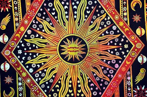 Miniatura 2 de GLOBUS CHOICE INC. Tapiz bohemio de sol y luna celestial de teñido anudado dorado para colgar en la pared, tapiz bohemio hippie, tapiz hippie,