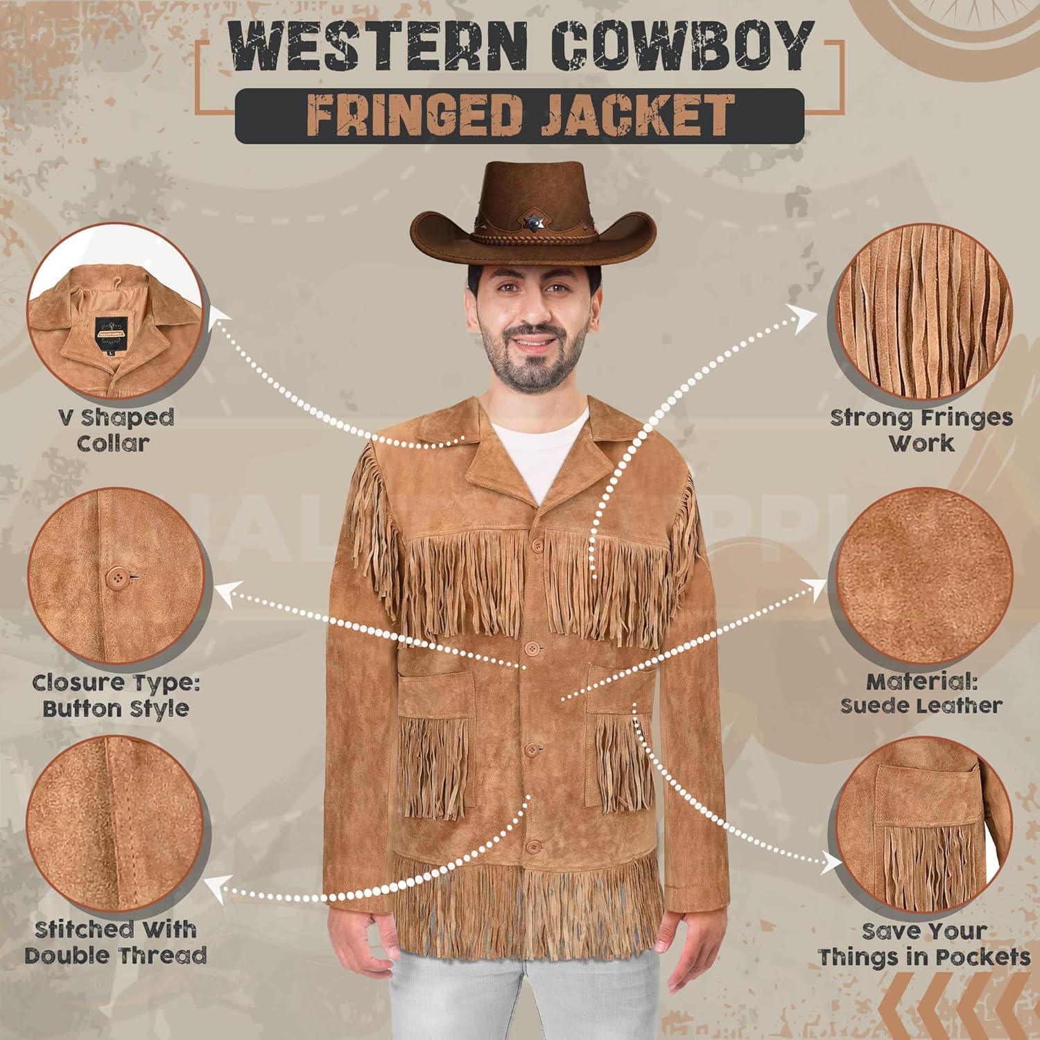 Traditional Western Cowboy Jackets for Men | Native American Suede leather Overcoat with Fringes - Brown - Image 2