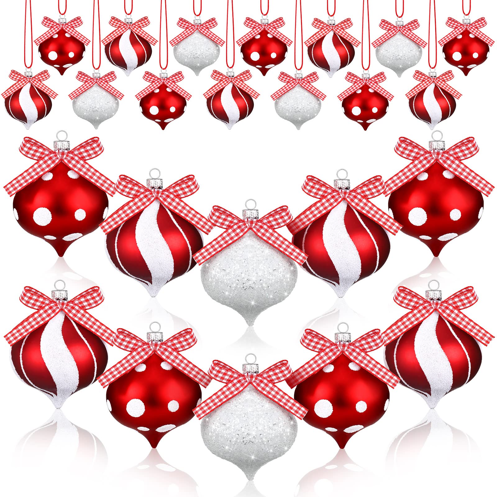 Jetec 24 Pcs Christmas Peppermint Candy Ornament Unbreakable Christmas Candy Cane Ball Decorations Red and White Dots Stripes Ornaments with Bows for Christmas Tree Wedding Holiday Party Decoration