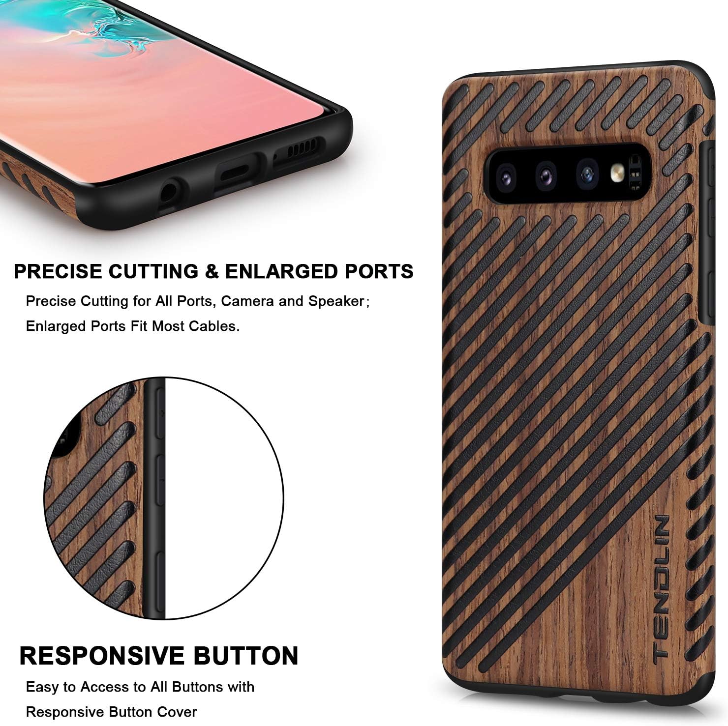 TENDLIN Galaxy S10 Plus Case Wood Grain Design and Flexible TPU Silicone Hybrid Slim Case Compatible with Samsung Galaxy S10+ (Wood & Leather)