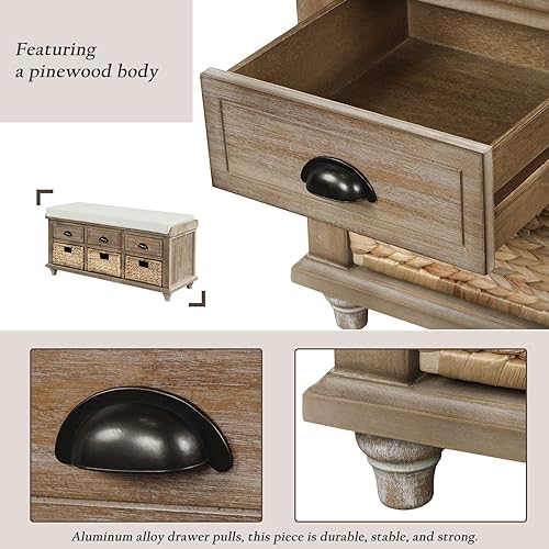 Miniatura 16 de SOFTSEA - Banco organizador de almacenamiento con 3 cajones, 3 canastas de ratán y cojín extraíble, para entrada, pasillo, sala de estar (negro)