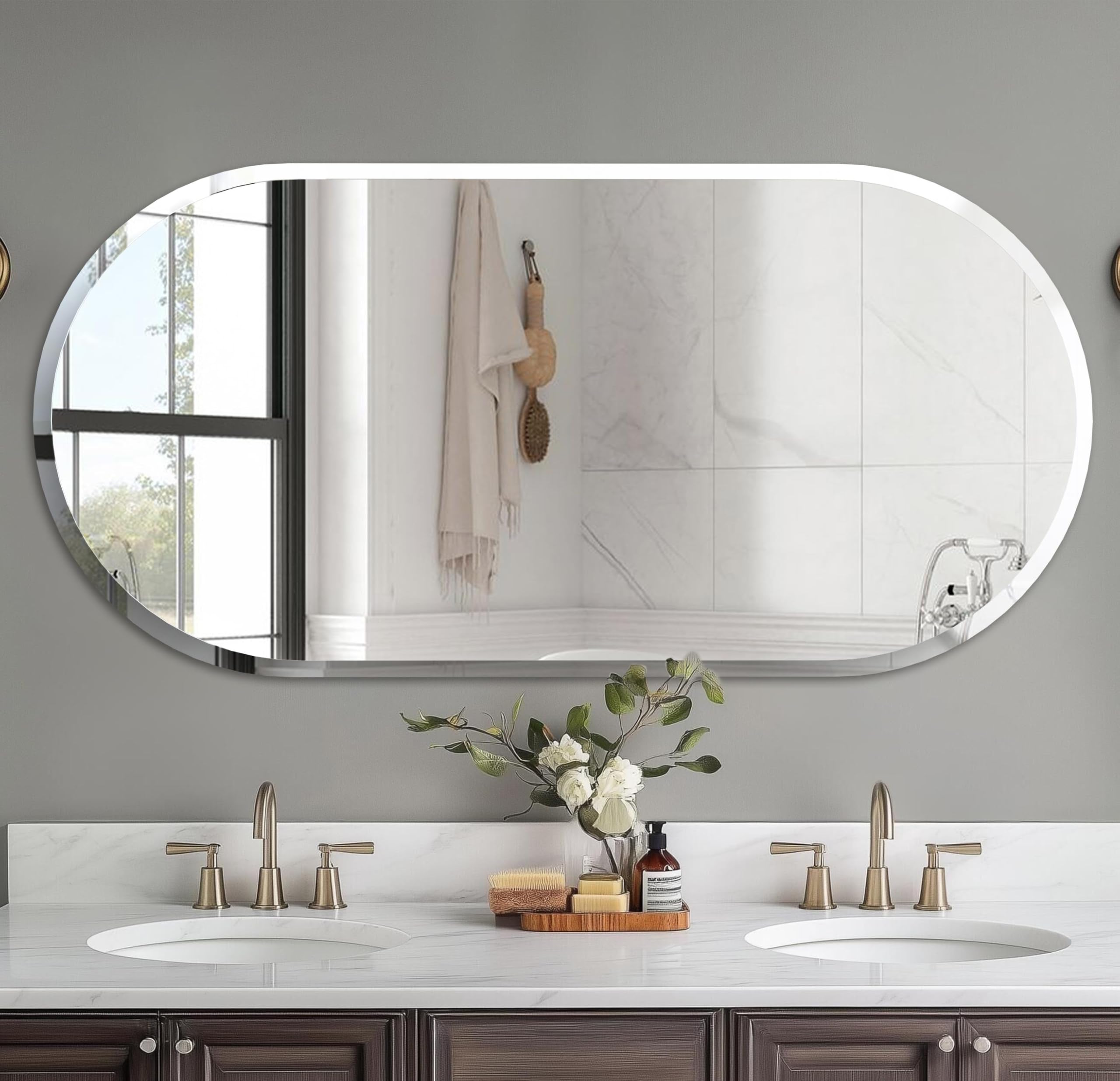 Artloge Espejo de Baño de Pared Biselado Decorativo sin Marco, Espejo Minimalista Ovalado de Vidrio Plateado para Comedor Salón Entrada Pasillo, 120x60 cm