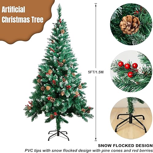 Miniatura 3 de SPORTYOUTH Árbol de Navidad artificial de 5 pies, árbol de Navidad falso flocado de nieve de alta calidad con conos de pino, soporte de metal de