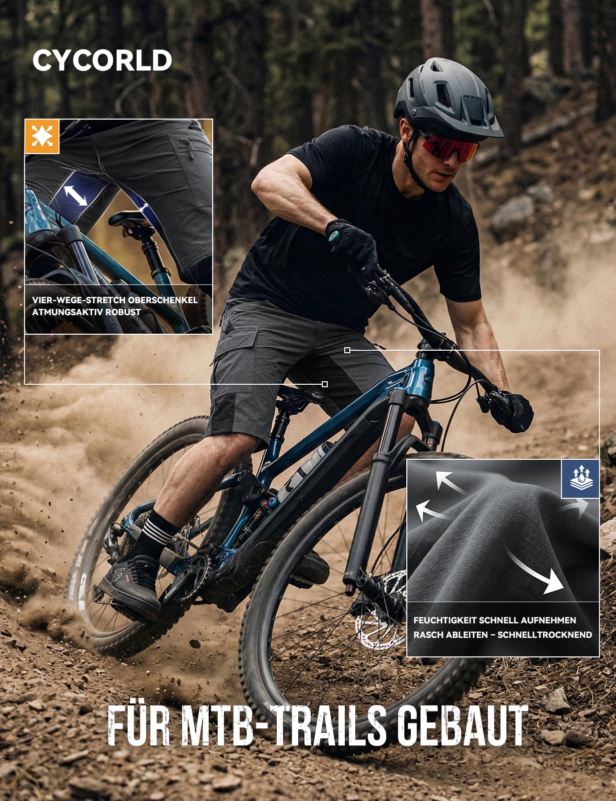 Cycorld MTB męskie spodnie rowerowe, szybkoschnące spodenki MTB z wyściółką siedziska, elastyczne spodnie rowerowe do aktywności na świeżym powietrzu, sportowe spodnie górskie męskie
