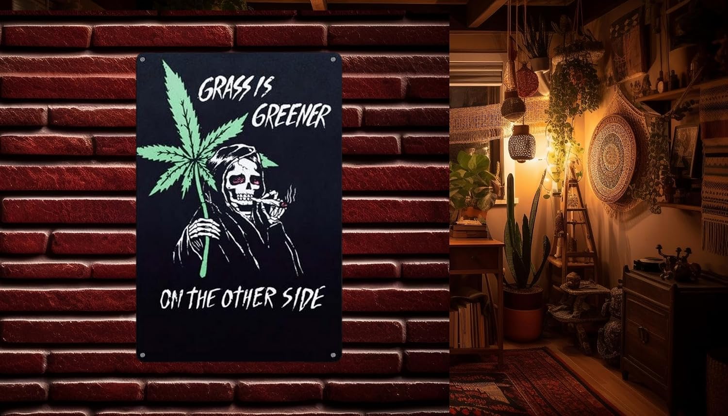 Impressed Reefer Reaper Marijuana Vintage Tin Sign - Gothic Emo 90s Retro Trippy Skeleton Grunge Weed Man Cave Hippie Stoner Accessories for Men - Funny Print College Dorm Wall Hanging Skull Decor for Teens - 420 Goth Aesthetic Signs Decoration Stuff for Girls - Cool 420 Basements & Apartment Bedroom Poster image 3