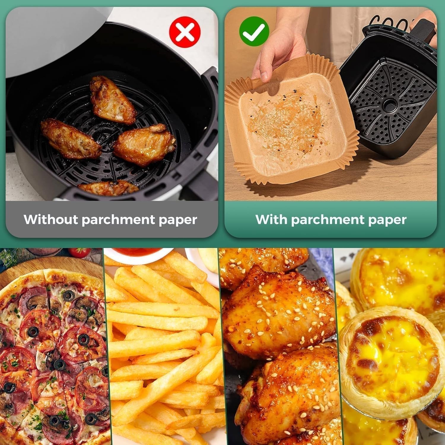 100 PCS Air Fryer Paper Sheets, Disposable Paper Liner for Microwave, Oil-Proof Air Fryer Parchment Paper for Frying, Baking, Cooking, Roasting and Microwave (Square 8 INCH)