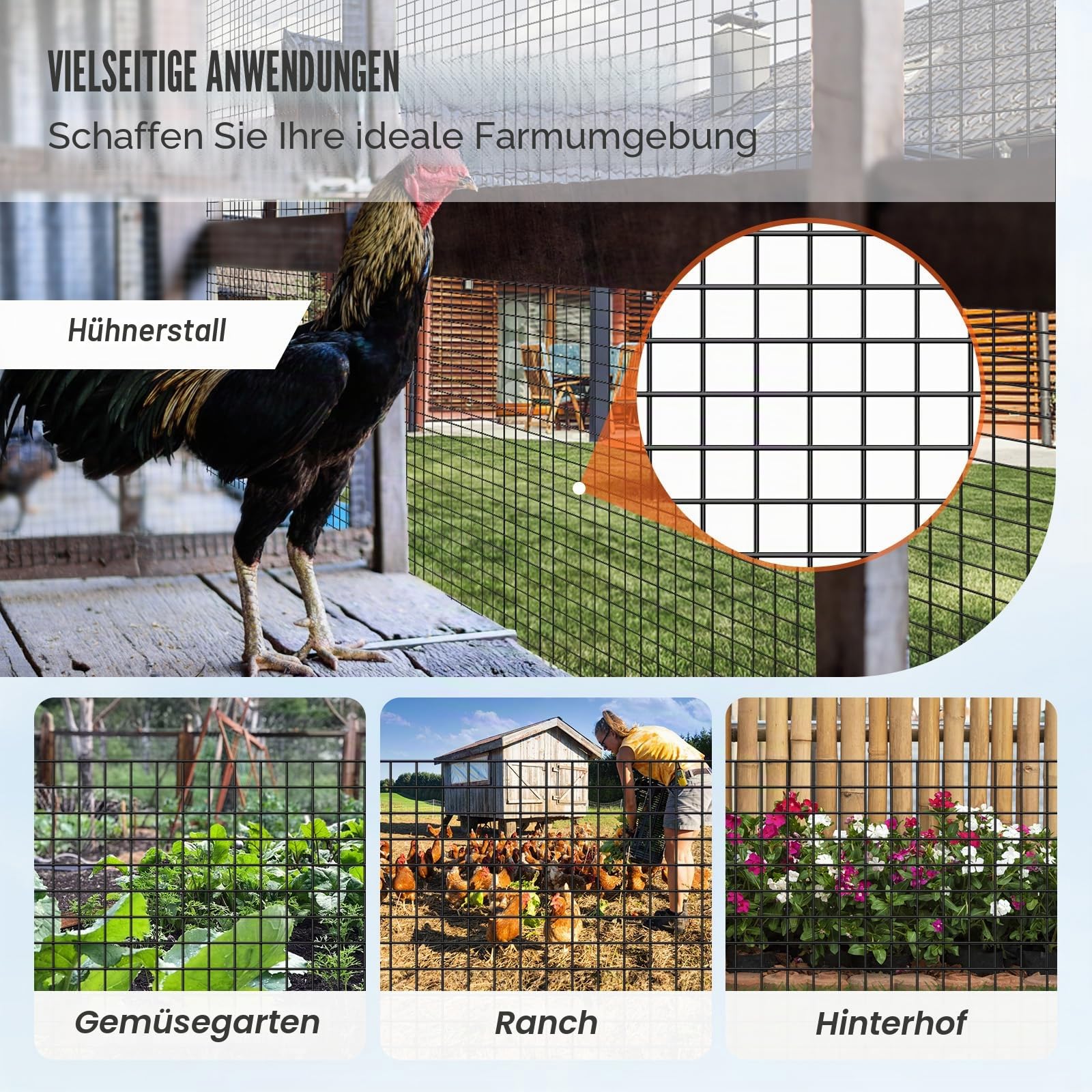 VEVOR Volierendraht 61 x 3048 cm, Gartenzaun, 1,06 mm Maschendrahtzaunrolle, Vinylbeschichtetes Drahtzaun für Hühnerstallbarrieren, Kaninchen- und Schlangenzäune, Geflügelgehege