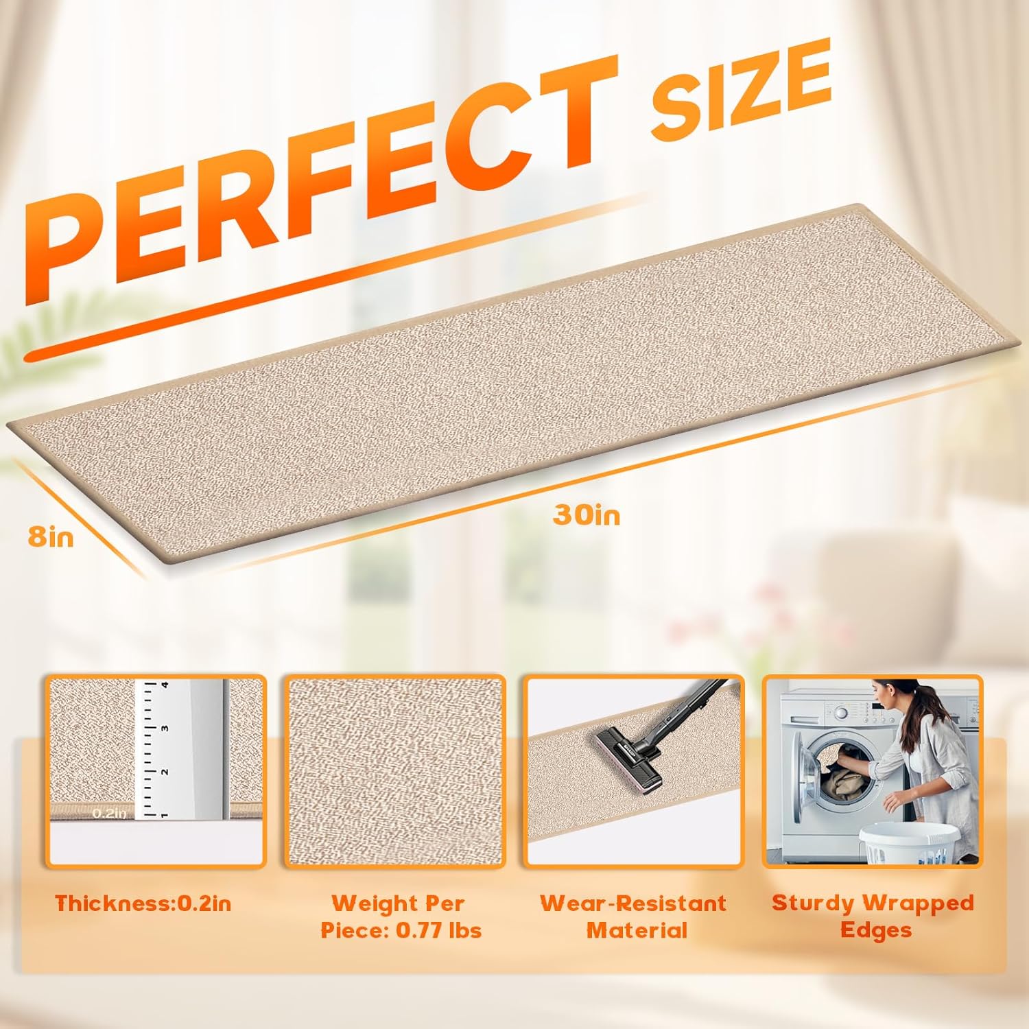 Stair Treads Non Slip for Wooden Steps,Stair Carpet Treads Indoor,Rubber Backing Stair Rugs,No Residue Reusable Non Slip Mat for Kids and Dogs,Beige,8"x30",10 Pieces