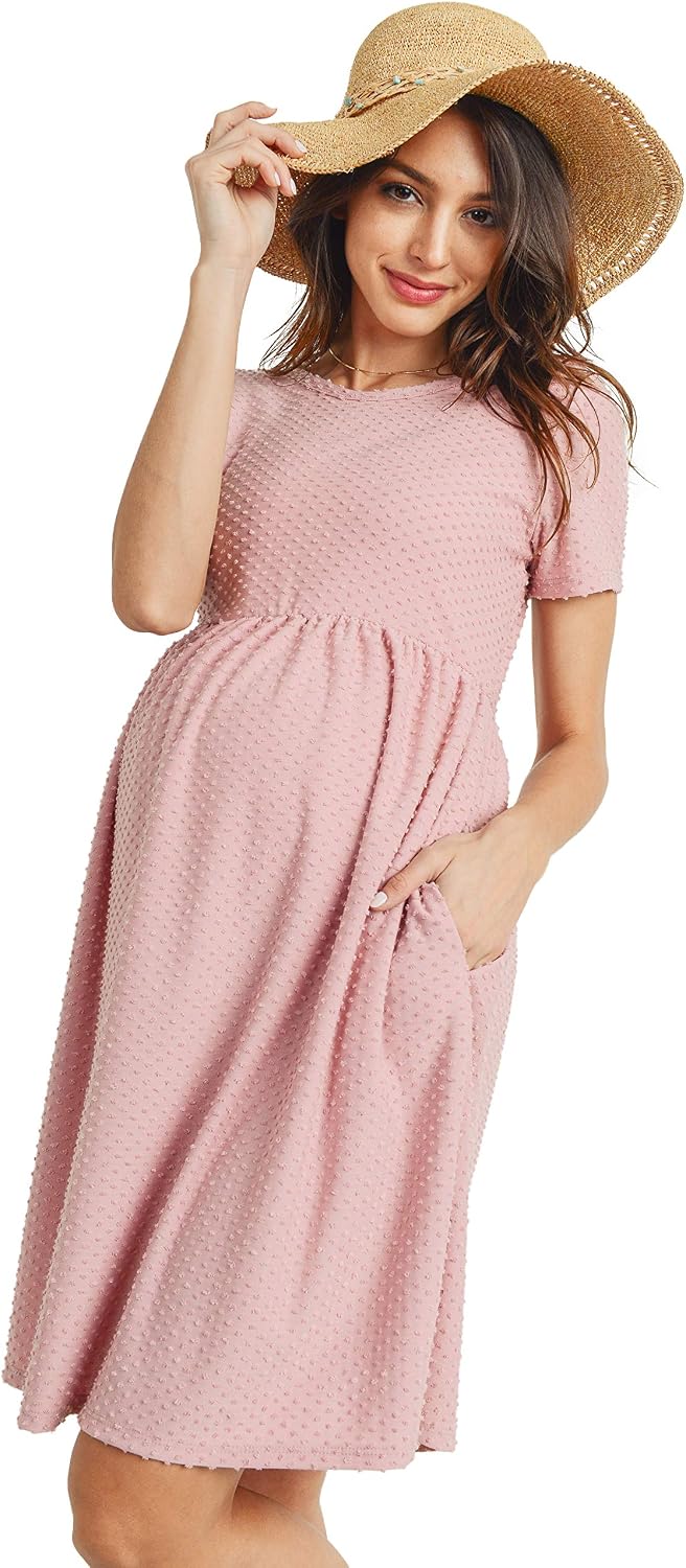 HELLO MIZ Women's Maternity Empire Waist Casual Dress, Mauve Dot, Medium