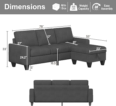 ZeeFu Couch for Living Room - 78'' Beige Linen 3 Seat L-Shaped Sectional Sofa Couches with Storage Ottoman - Modern Small Space Upholstered Furniture Sofa Set for Office Small Space Apartment