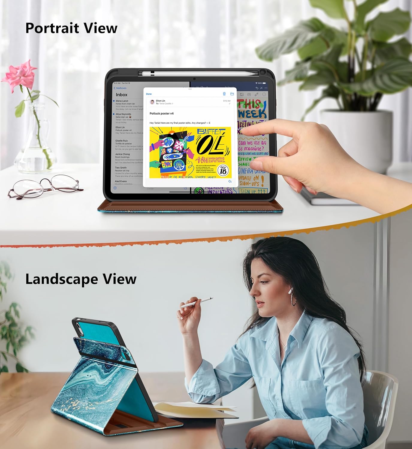 DTTO for iPad A16 Case, iPad 11th / 10th Generation Case (2025/2022), 360 Degree Rotating Premium Leather Folio Stand Cover with Pencil Holder, Sandy Wave