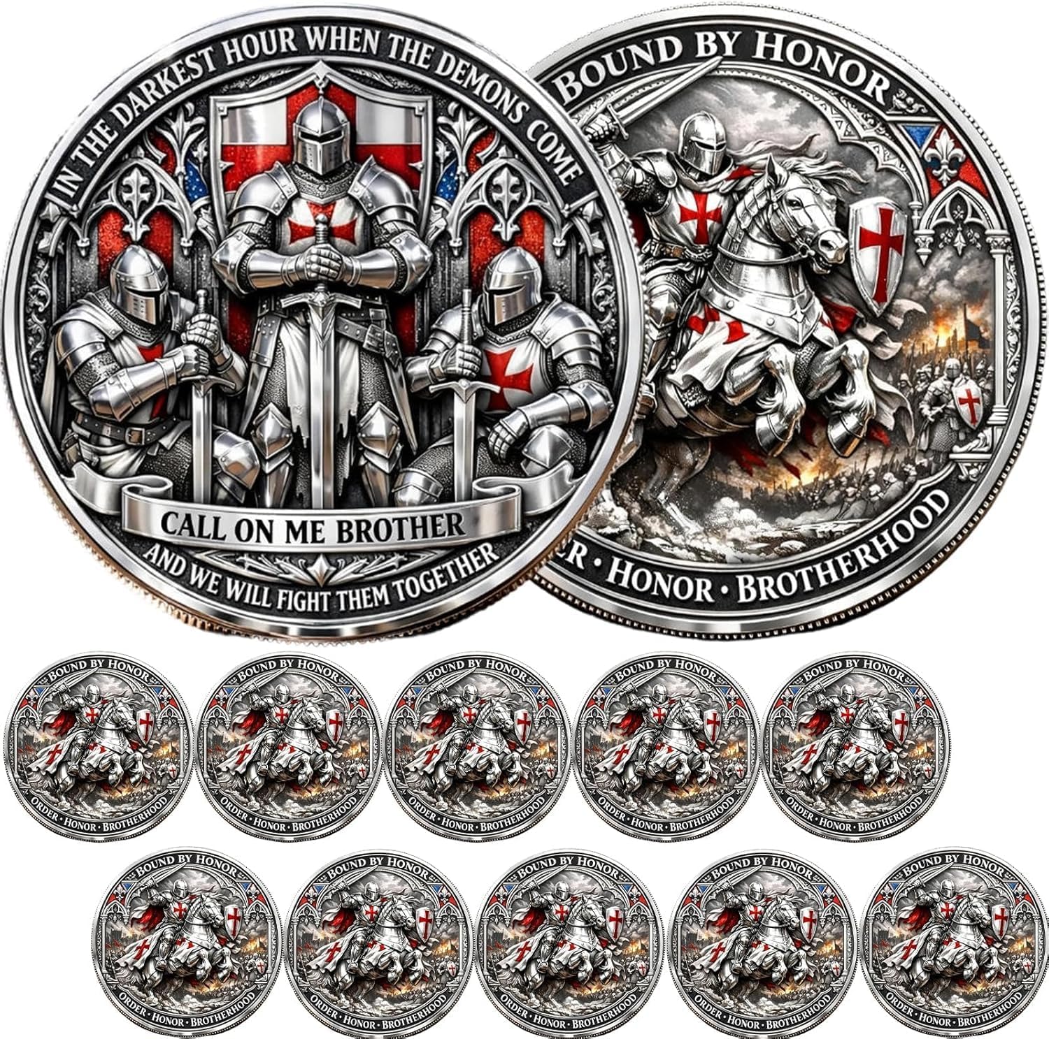 Order • Honor • Brotherhood Commemorative Coin, Medieval Brotherhood of Knights Commemorative Coins, Call On Me Brother Inspirational Challenge Coins, Gift for Veterans Brothers & Friends (10PCS)
