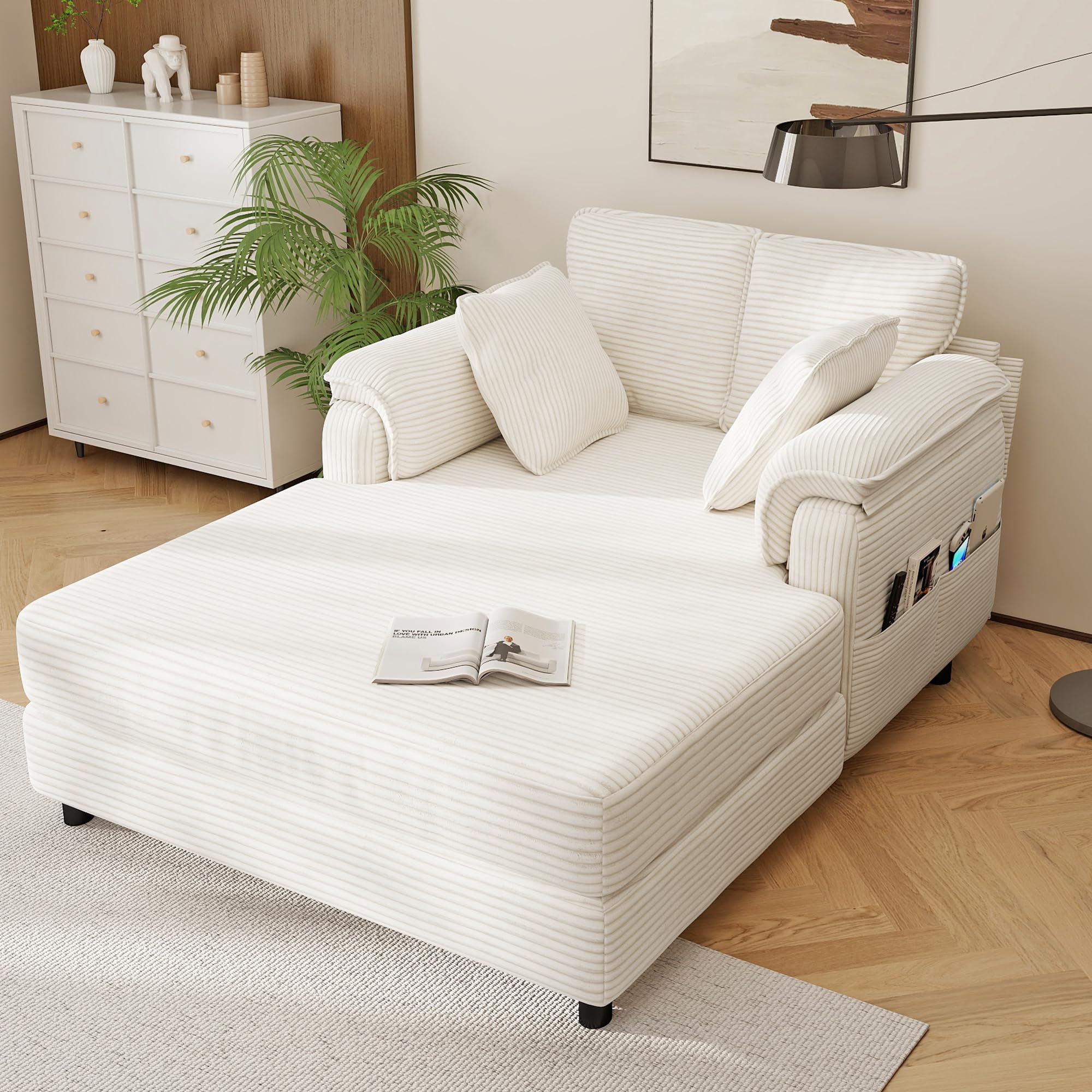 Real Relax Chaise Lounge Chair Indoor, 58'' Oversized Comfy Upholstered Lounge Sofa Bed with Wooden and Iron Frame, Cozy Sleeper Couch for Living Room