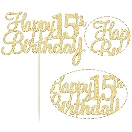 Gyufise 1Pc Gold Happy 15th Birthday Cake Topper Glitter 15th Birthday Cake Pick Cheers to 15 Years Old Fifteen Fabulous Cake Decorations for 15th Birthday Theme Party Supplies