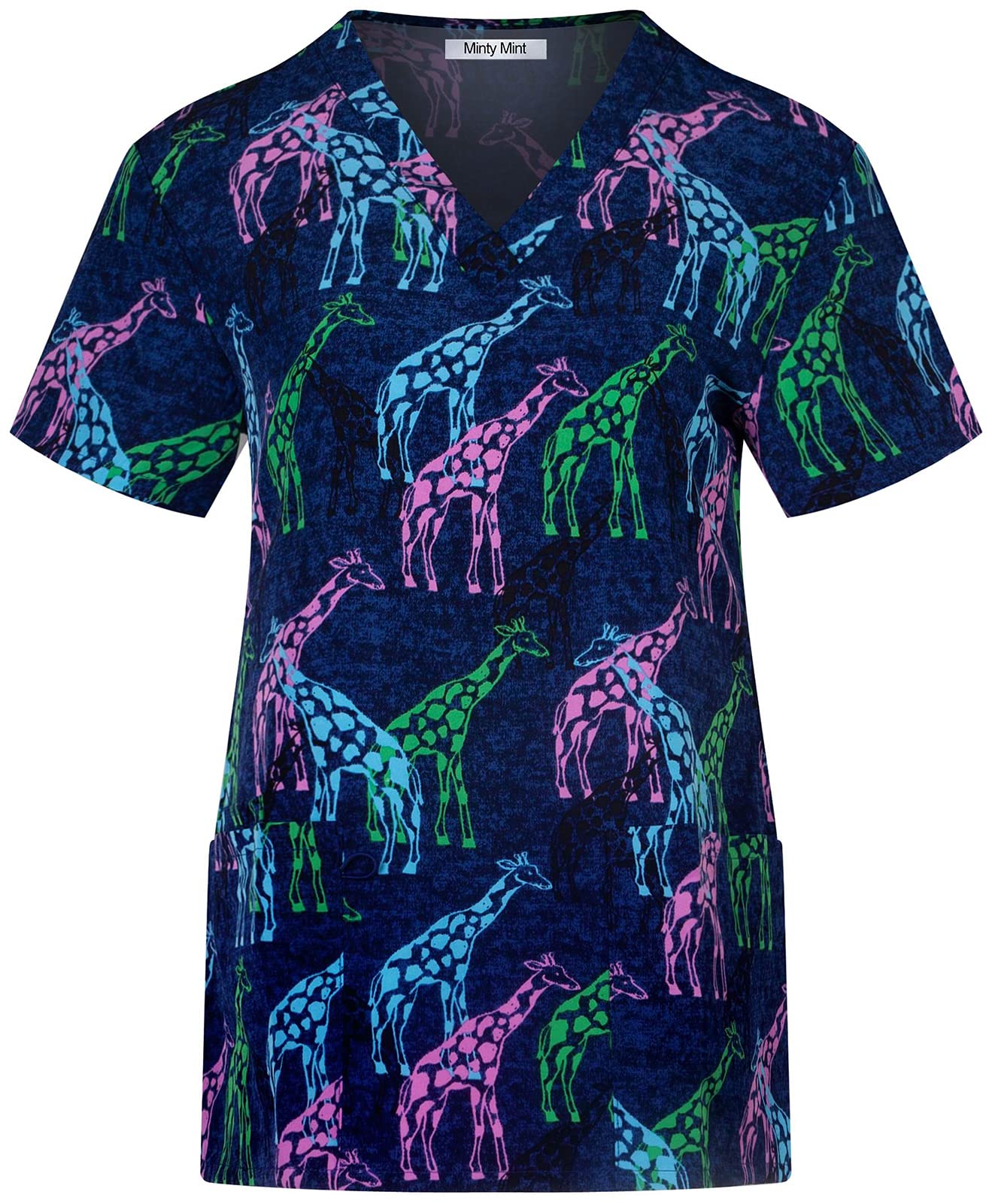 Minty Mint Women's Comfortable Easy Fit Lightweight Durable Stretch Printed V-Neck Medical Scrub Top Navy M