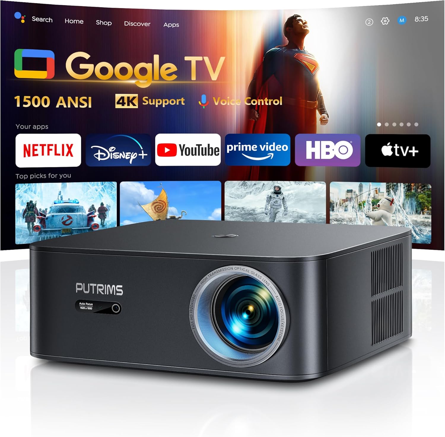 [1500 ANSI/Google TV/Voice Control]Smart Projector with WiFi 6