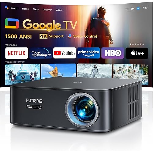 [1500 ANSI/Google TV/Voice Control]Smart Projector with WiFi 6 and Bluetooth, 4K Support, Outdoor Movie Proyector, 1080P Home Ceiling Auto Focus Projector, PUTRIMS K12 Gray