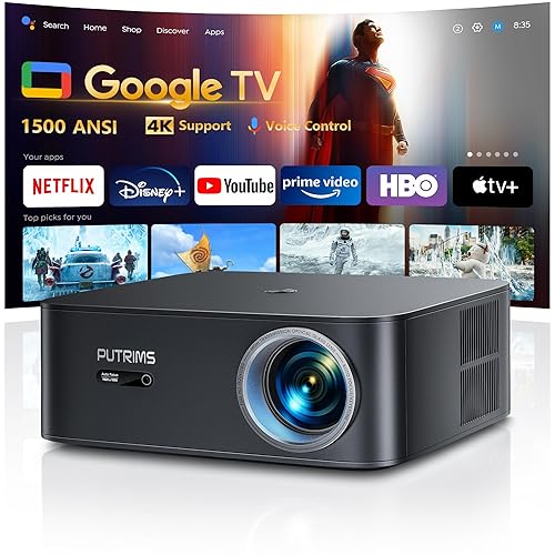 [1500 ANSI/Google TV/4K Support] Smart-Projector with WiFi 6 and Bluetooth, Built-in Apps, Outdoor Movie Proyector, 1080P Home Theater Auto Focus Projector, PUTRIMS K12 (Gray, Standard)