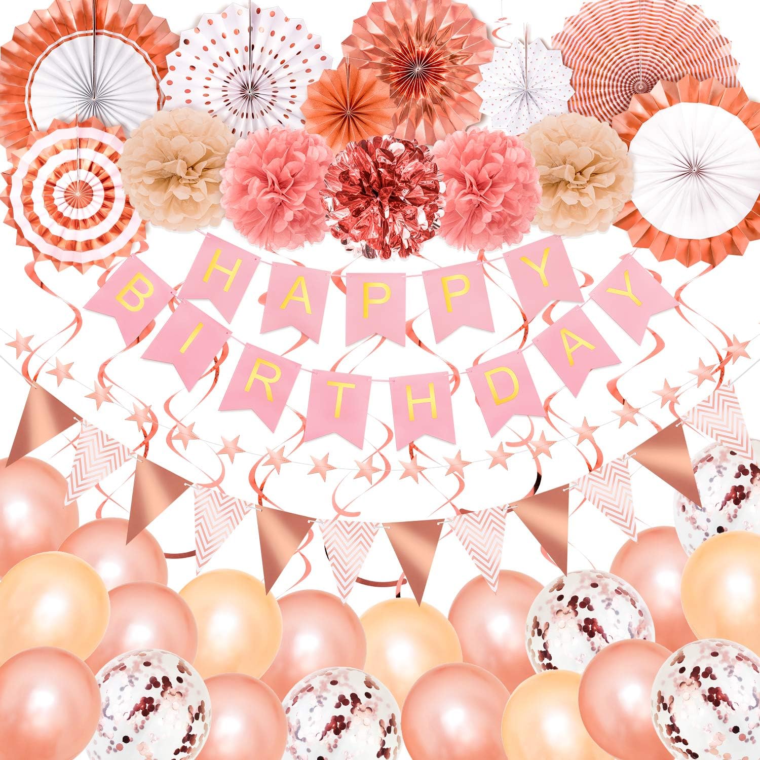 Whaline Rose Gold Birthday Party Decoration, Happy Birthday Banner, Triangle Bunting, Confetti Balloons, Hanging Swirls, Paper Pom Poms Flowers, Paper Fan Tissue, Star String, Birthday Party Supplies