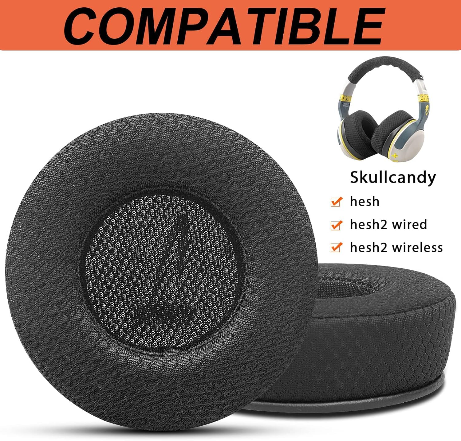 Gvoears - Almohadillas para auriculares Skullcandy Hesh con cable/Hesh 2 inalámbricos, Hesh 2 almohadillas de repuesto inalámbricas, espuma viscoelástica suave y cómoda, tela de malla transpirable