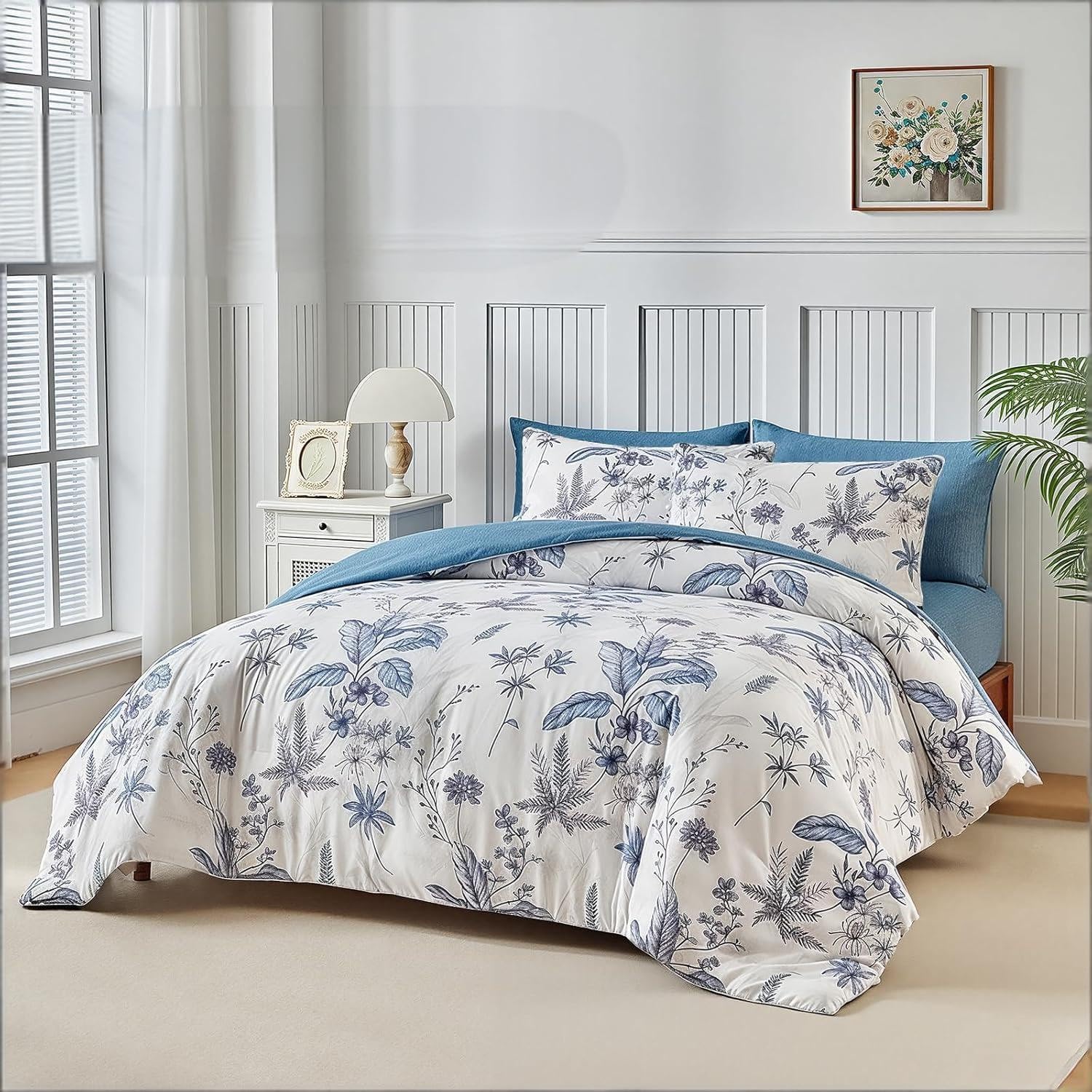 Funda Nordica Cama 90 Infantil Plantas Ropa de Cama Azul Microfibra Suave y Cómoda con Cremallera Funda Edredon 150x200-2 Fundas Almohada 50x75 QD2