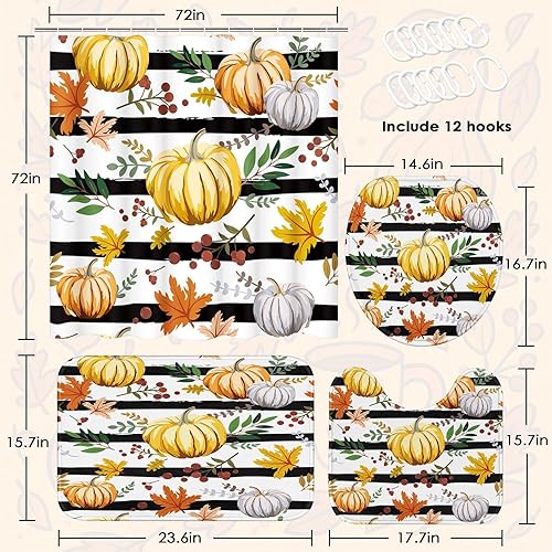 Miniatura 3 de ArtSocket Juego de 4 cortinas de ducha con formas geométricas de calavera gótica, esqueleto de satán, roca retro con alfombras antideslizantes,