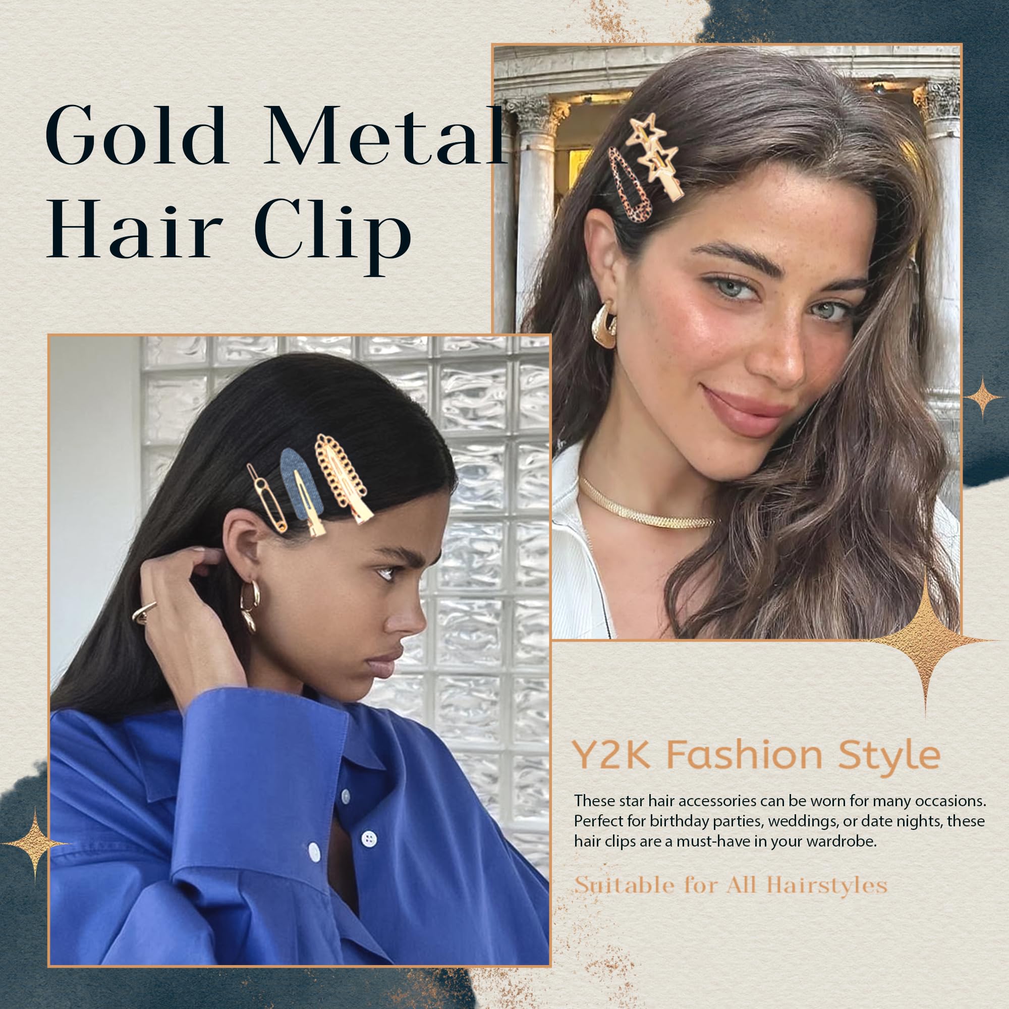 Arocooy 15PCS Gold Star Hair Clips Cute Hair Bows Pentagram Pendant Metal Claw Clips Mini Non Slip Alligator Hair Clip Cowboy Y2K Hair Accessories for Women Girls 1