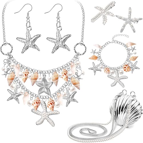 Miniatura 8 de Hillban Juego de 6 piezas de joyas de perlas de imitación de estrella de mar collar de cola de sirena pulseras de concha marina aretes de estrella