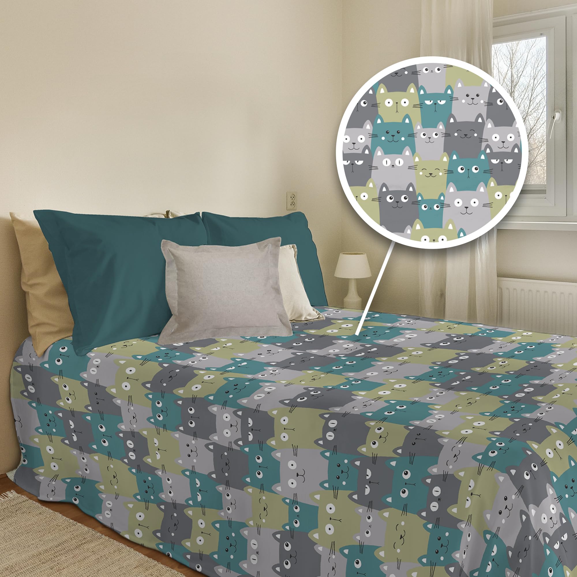 Drap de lit en coton piqué vert 1 place motif chat 170 x 280 cm