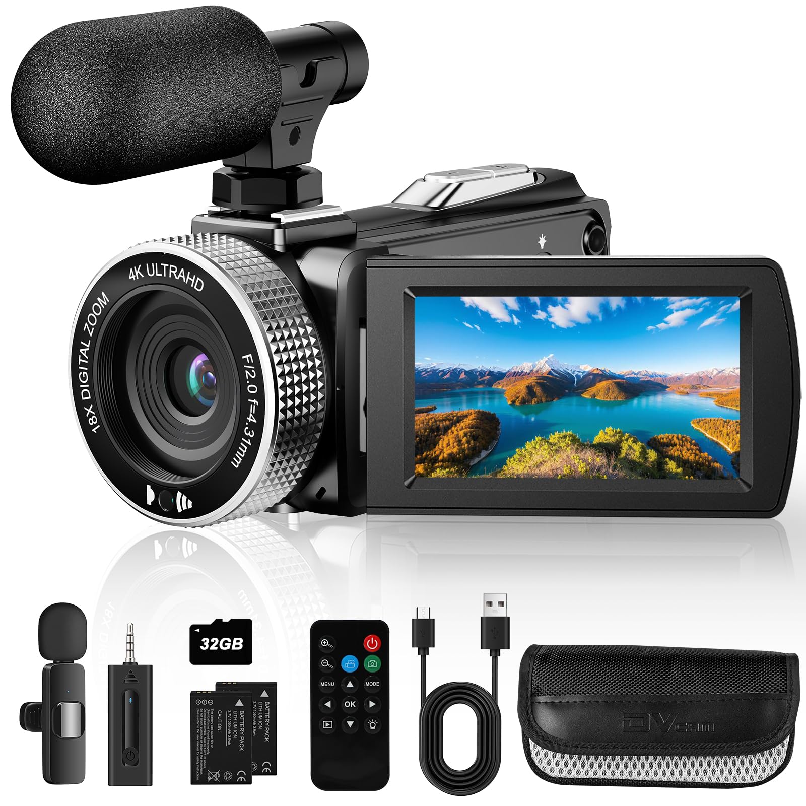 Caméscope vidéo 4K, caméscope 48MP avec écran IPS de 7,6 cm pivotant à 270°, microphone sans fil & microphone filaire, 2 batteries rechargeables, télécommande, caméscope pour le vlogging, les voyages