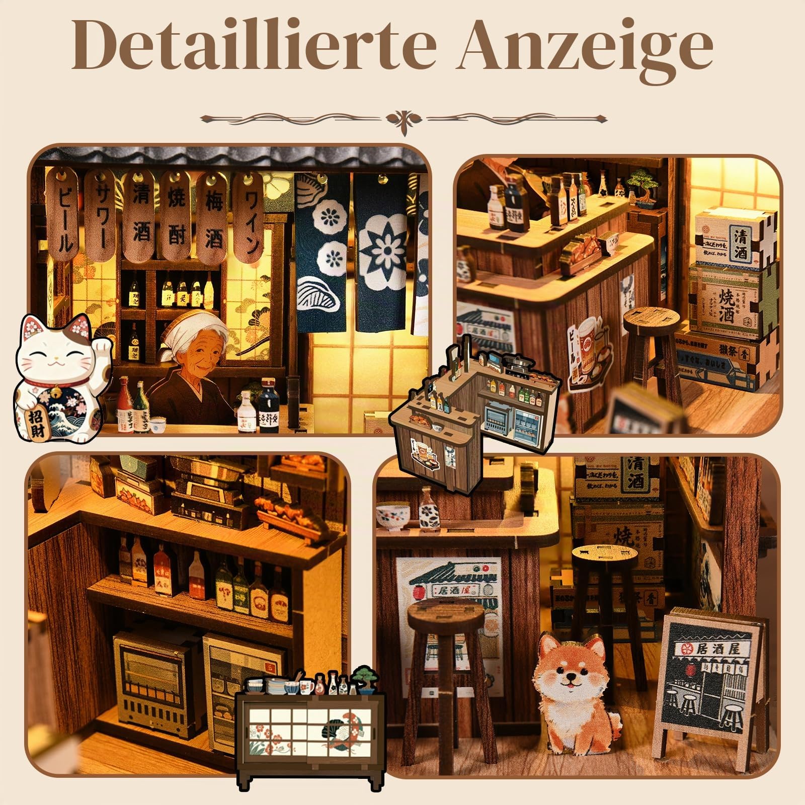 Japan Book Nook Kit mit LED,Miniatur Haus DIY Set,3D Holzpuzzle&Buchstütze