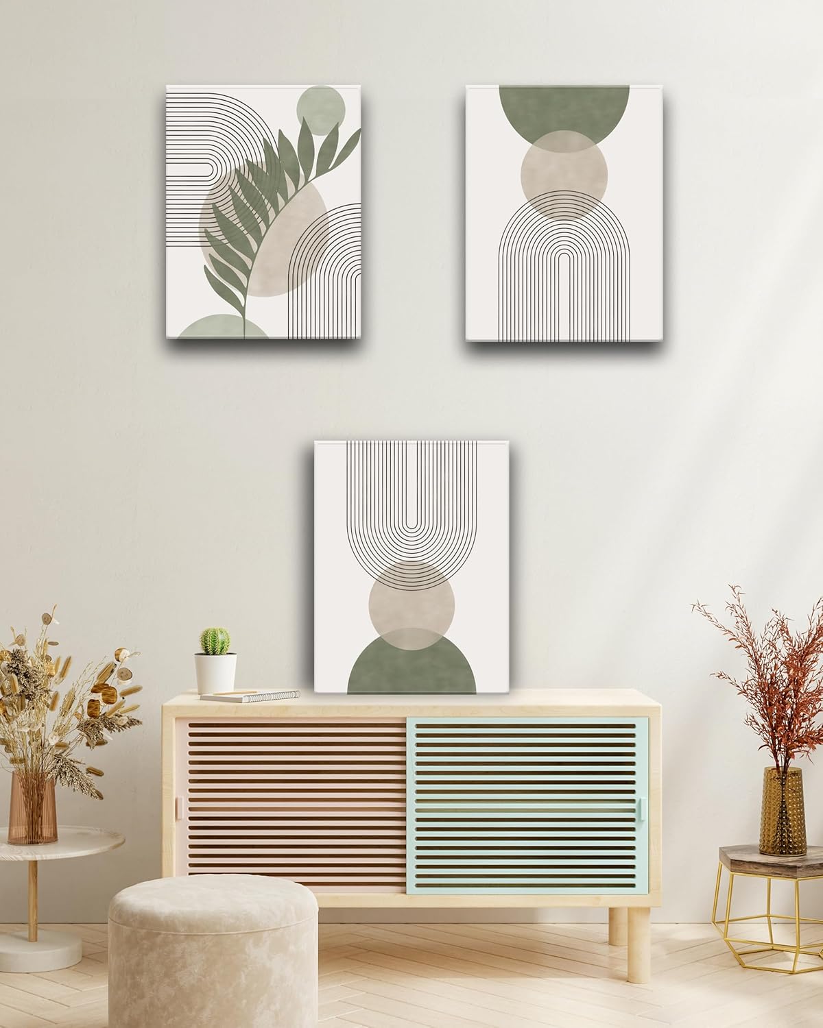 30x40CM Sage Green Boho Wall Art,Framed Canvas Bathroom Wall Art Pictures, Mid-Century Modern Wood Framed Abstract Prints for Bedroom,Minimalist Office Wall Decor 3Pack