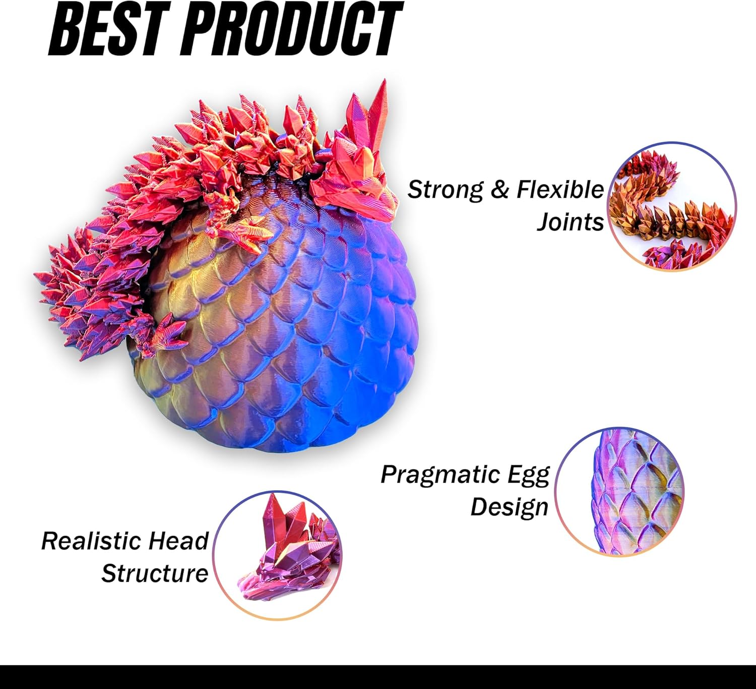 3D Printed Dragon Eggs with Dragon Inside, Articulated Crystal Dragons in Egg, Dragons Fidget Desk Toys for Gifts & Home Decor, 12 Inches - Image 2