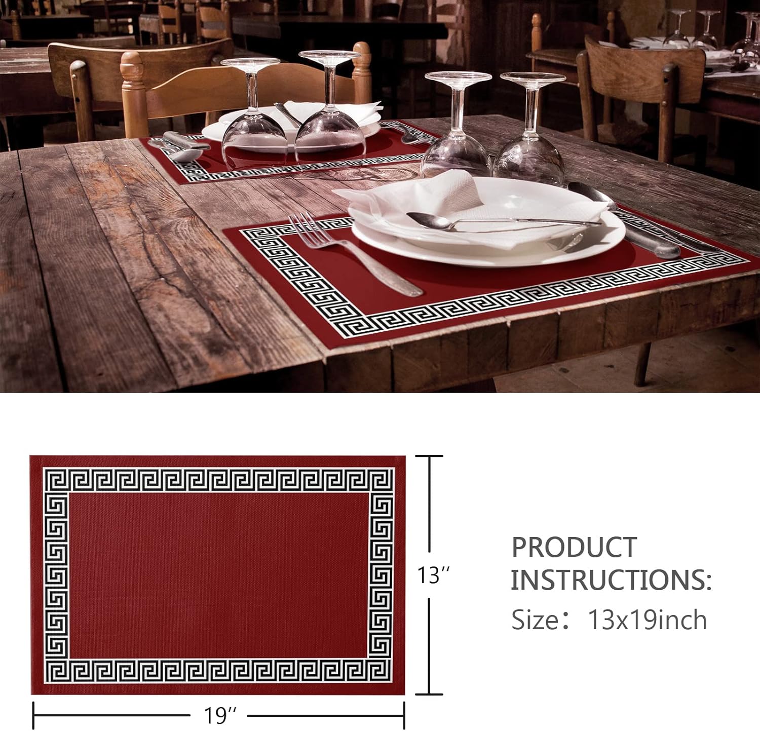 Wine Red Black Placemats for Dining Table Set of 4, Cotton Linen Cloth for Square/Rectangle/Round Table Mat Placemat, Traditional Chinese Geometric Tile Pattern Kitchen Dinner Holiday Dﾃｩcor